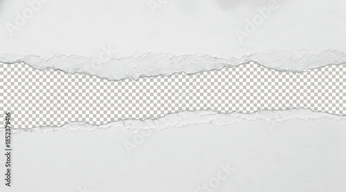 Realistic Horizontal Torn White Paper Header Strip with Ripped Ragged Edges on Transparent Background for Creative Overlay Design.