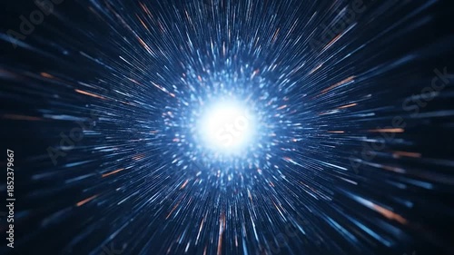 A tunnel of light with divergent streams of luminous, starry particles in dark space