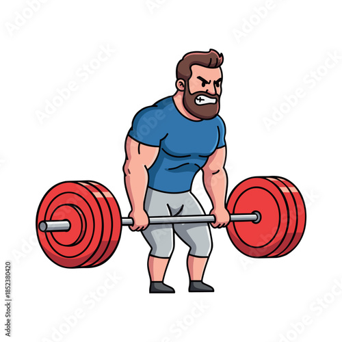 A muscular man with a beard straining to lift a heavy barbell during a weightlifting exercise, perfect for gym mascott