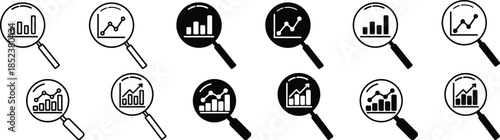  Growth analysis symbol visual magnifying glass with statistical charts and graphs symbolize investigation, research, statistics,  discover, explore, observe