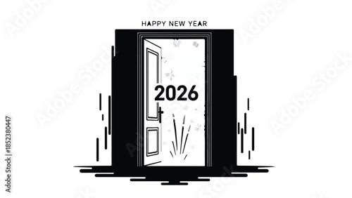 Open door reveals bright future and happy new year 2026 with festive sparks