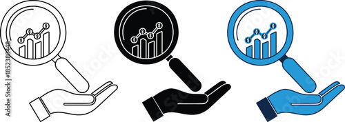 Business analysis and investment symbol representations of a hand holding a magnifying glass over a financial growth chart symbolize increase, analysis, research, examine, investigate