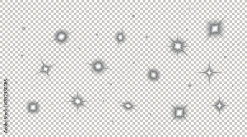 Collection of Elegant Silver Sparkling Star Shapes and Twinkling Light Effects Isolated on Transparent Background for Festive Creative Design.