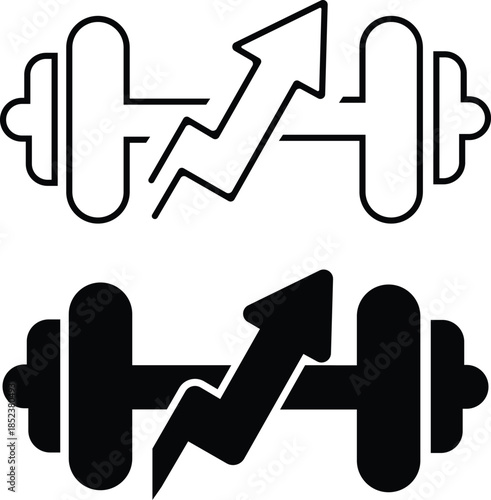 Fitness growth and progress workout improvement symbol visual dumbbell with rising arrow symbolize fitness, strength, training, exercise, workout