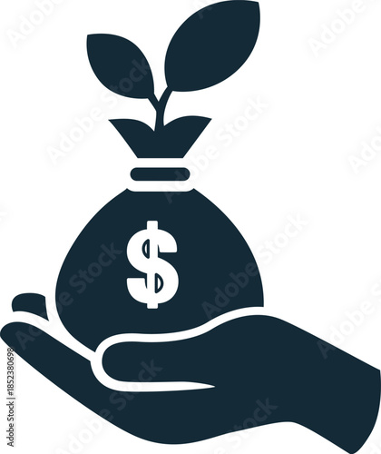 Financial growth and investment success symbol visual hand holds money bag with growing plant symbolizing investment, wealth, savings, profit, prosperity