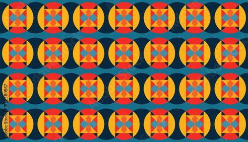 Modern abstract pattern combining circles and geometric symmetry. Seamless decorative design with bold shapes and vibrant colors