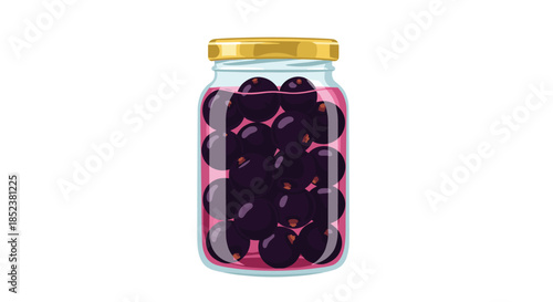 Glass jar with a gold lid, filled with preserved blackcurrants in a light syrup, illustrating homemade canning and food preservation.