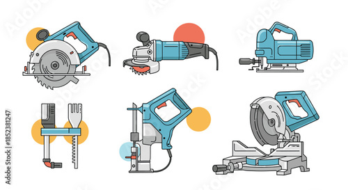 Set of six electric power tools for construction and carpentry, including a circular saw, angle grinder, jigsaw, and miter saw.