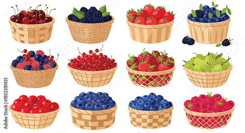 Large collection of twelve wicker baskets filled with a variety of freshly picked berries, including strawberries, blueberries, and cherries.