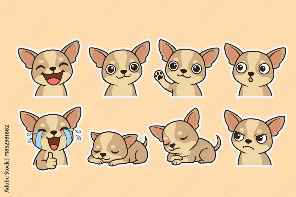 Fototapeta premium Chihuahua dog cartoon character with different expressions, cute puppy sticker set for social media, comic vector illustration
