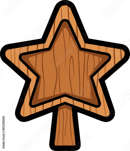 Wooden Star Signboard with Dark Outline and Wood Grain Texture.