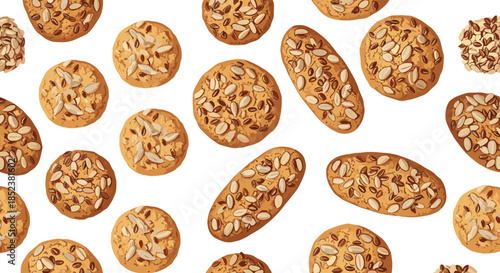 Seamless background pattern of healthy oatmeal cookies and biscuits topped with various seeds, isolated on a clean white backdrop.