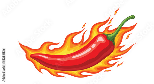 A powerful vector illustration of a fiery red hot chili pepper engulfed in bright orange and yellow flames, symbolizing intense heat and spicy flavor.