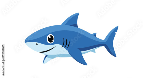 A cute and friendly cartoon shark character smiling, illustrated in shades of blue and isolated on a clean white background for children's designs.