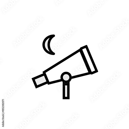 Flat line icon of telescope observing crescent moon, symbol of Ramadan moon sighting, Islamic calendar, astronomy, simple design on white background.