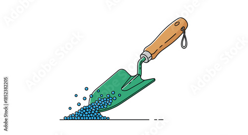 A cartoon illustration of a green garden trowel with a wooden handle spilling blue fertilizer pellets onto the ground, isolated on a white background.