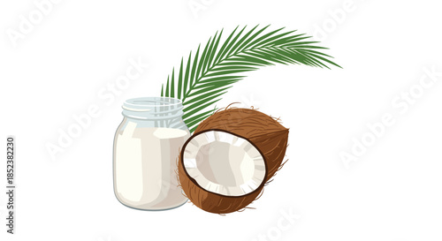 A fresh composition of a whole and halved brown coconut with a glass jar of coconut milk and a green palm leaf, isolated on a white background.