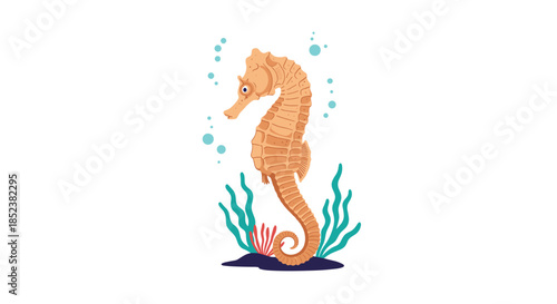 A charming illustration of a golden-brown seahorse floating underwater among seaweed and bubbles, isolated on a white background for marine-themed designs.
