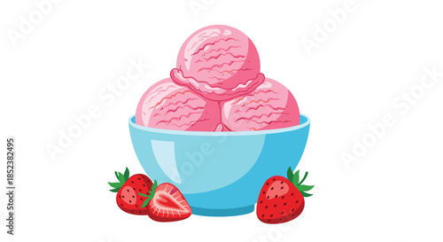 Three scoops of delicious pink strawberry ice cream in a light blue bowl, garnished with fresh whole and sliced strawberries, isolated on a white background.