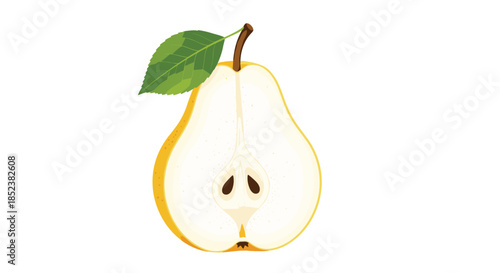 A simple and clean illustration of a yellow pear cut in half, showing the core and seeds, with a single green leaf attached to the stem.