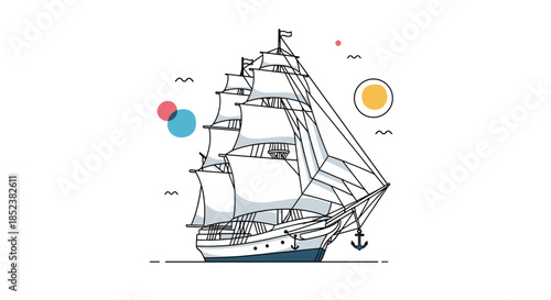 A stylized line art illustration of a majestic multi-masted sailing ship on the water, with abstract colorful circles representing the sun and sky.