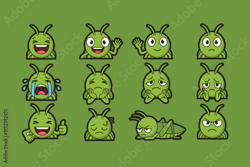 Cute Green Grasshopper Cartoon Emoticons Expressing Different Emotions and Moods on Green Background
