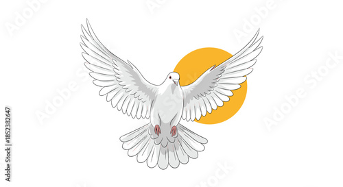 An elegant drawing of a white dove or pigeon flying with its wings spread wide, set against a simple yellow circle symbolizing the sun or peace.