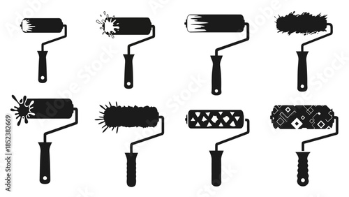 Black Silhouette Paint Roller Vector Icons with Splatters and Patterns EPS10 Stock.eps