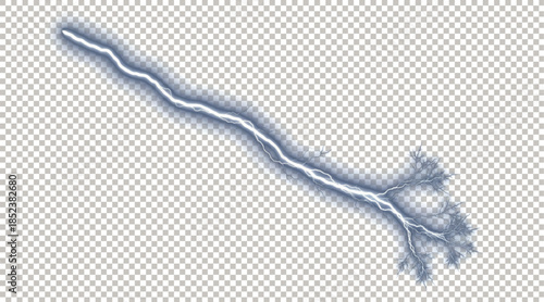 Realistic Single Blue Lightning Bolt and Electrical Discharge Strike Effect Isolated on Transparent Background for Weather Design Overlay.