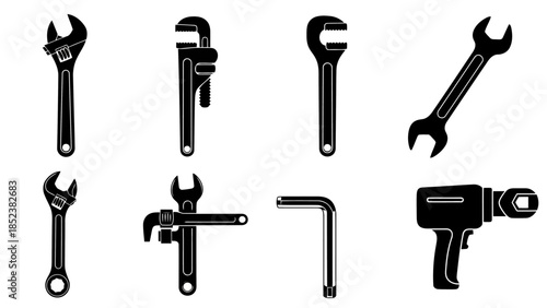 Black silhouette vector icons of assorted wrenches and work tools EPS10 Stock.eps