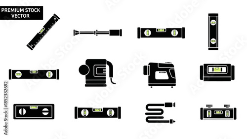 Black Silhouette Vector Icons Spirit Levels and Diverse Workshop Tools EPS10 Stock.eps
