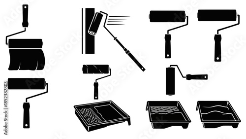 Paint Rollers and Trays Vector Silhouettes Black and White Painting Icons EPS10 Stock.eps