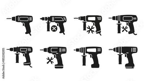 Power Drill and Repair Tools Black Silhouette Vector Icons Set EPS10 Stock.eps
