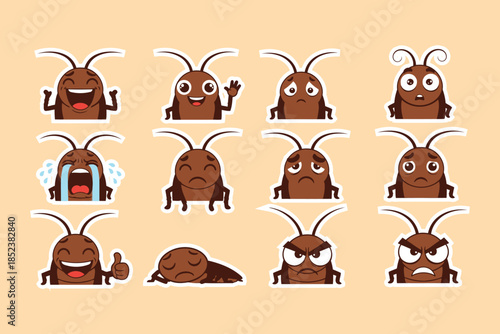 Cartoon cockroach emojis set expressing different emotions: happy, sad, angry, surprised, waving, crying, and sleeping on peach background.