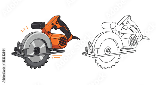 An illustration of a powerful orange electric circular saw, presented in both a full-color version and a black and white line art outline for coloring.
