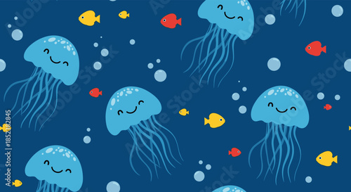 A charming seamless underwater pattern with cute, smiling blue jellyfish and small colorful fish swimming among bubbles on a deep blue background.