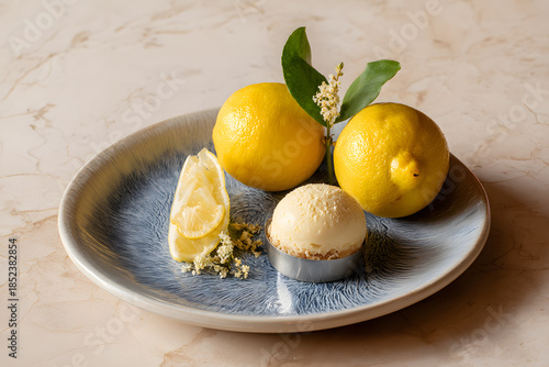 a plate with a lemon and ice cream on it