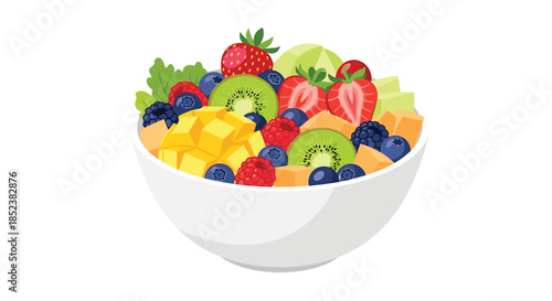 A fresh and colorful fruit salad in a white bowl, featuring chopped mango, kiwi, strawberries, blueberries, and melon, isolated on a white background.