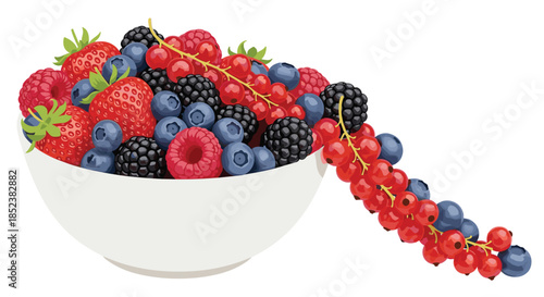 A white bowl overflowing with a vibrant mix of fresh summer berries, including strawberries, blueberries, raspberries, blackberries, and redcurrants, isolated on white.