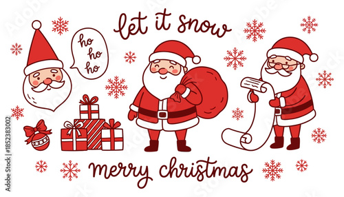 A charming illustration showing three different cartoon Santa Claus figures with presents a speech bubble snowflakes and holiday greetings Christmas ho ho ho snowman list