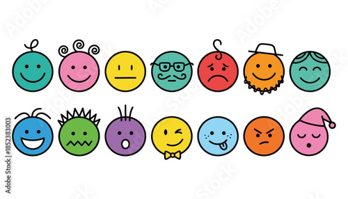 A collection of fourteen colorful stylized and hand drawn happy sad angry and various expressive cartoon emotion icons arranged in two rows emoticon emoji face expression