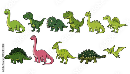 A collection of ten friendly cartoon dinosaurs including a pink long neck sauropod a Stegosaurus and a Tyrannosaurus Rex illustration cute prehistoric animal Triceratops Pterodactyl