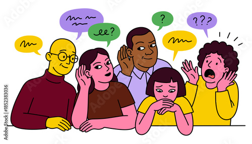 Group of diverse people showing confusion misunderstanding or difficulty hearing each other while communicating with varied speech bubbles above their heads communication barrier
