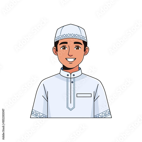 Smiling young Muslim man wearing traditional white embroidered attire illustration.
