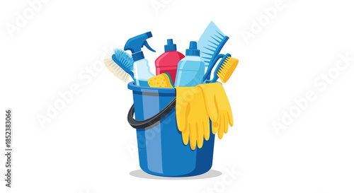 A blue bucket filled with various cleaning supplies, including spray bottles, sponges, brushes, rubber gloves, and detergent, isolated on a white background.
