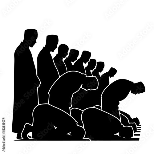 Silhouette of Muslim men in various positions during congregational prayer.