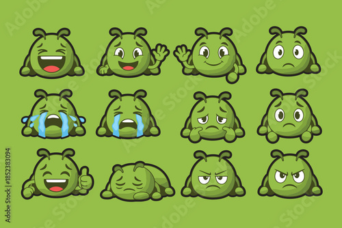 Cartoon Green Alien Mascot Emoticons Expressing Various Emotions, Isolated on Green Background