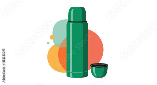 A modern flat design illustration of a green thermos flask with its cap off, set against a background of colorful, overlapping abstract circles.