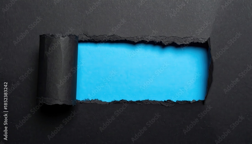 Obraz premium Ripped black paper texture with rolled edge revealing blue background with copy space. Abstract concept