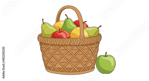A lovely wicker basket filled with a mix of fresh fruits, including red and green apples and pears, with one apple beside it.